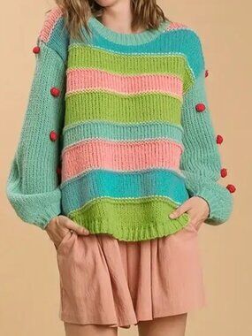 Dopamine Dotted Pom Pom Sleeve Pullover Sweater